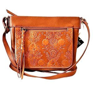 The Sak Brown Tan Leather Crossbody Bag Purse Embossed Floral 9” x 8”